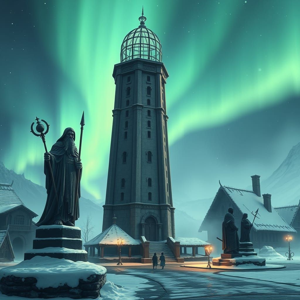 Midnight Fantasy City Under Snowy Aurora Skies