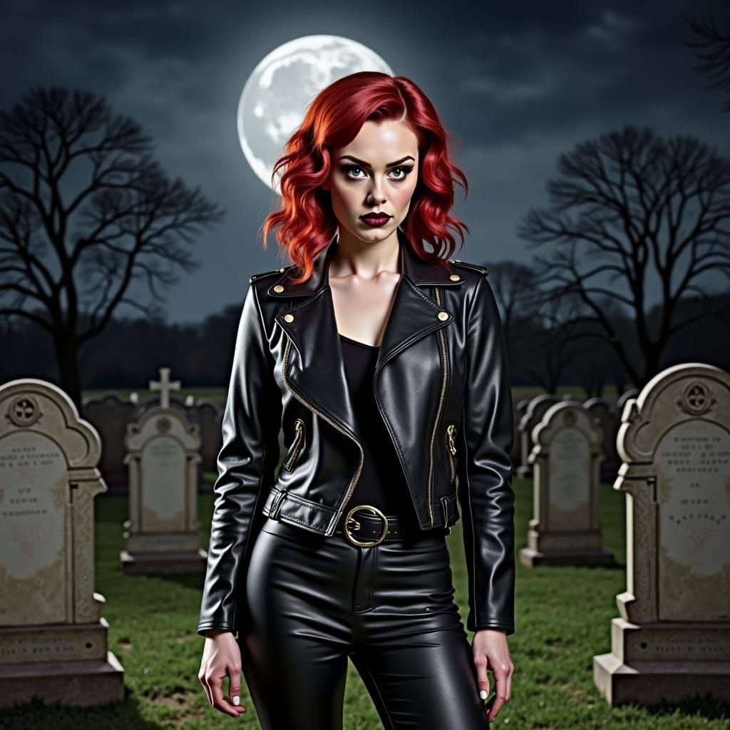 Gothic Woman in Cemetery at Night