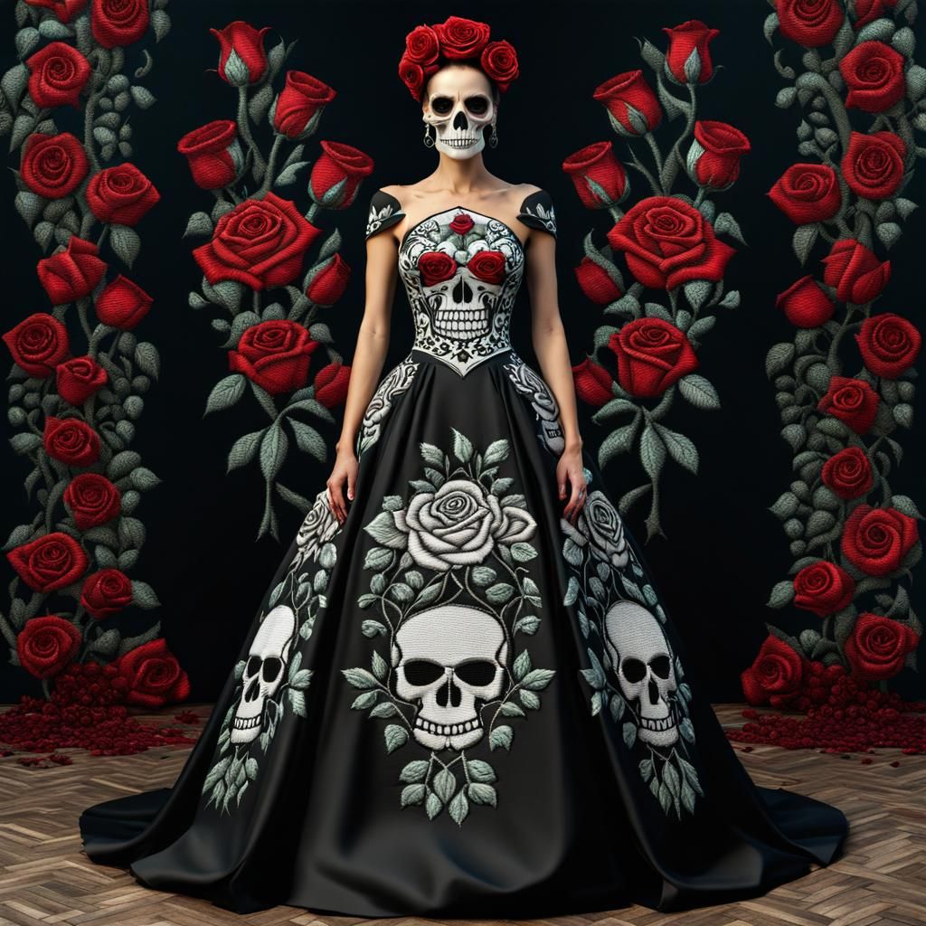 Embroidered Skull Roses Gown in Gothic Art