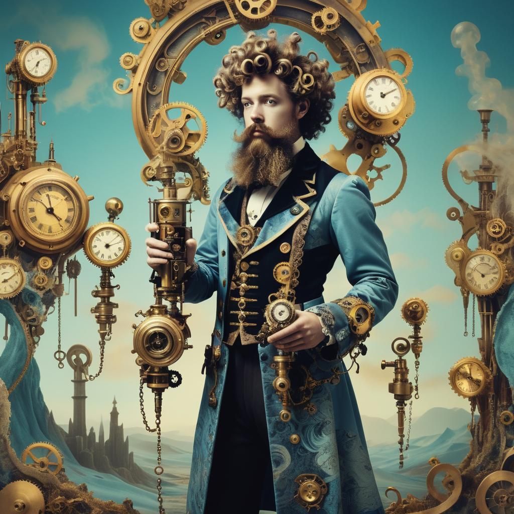 Whimsical Steampunk Figure in Rococo Dadaism Style