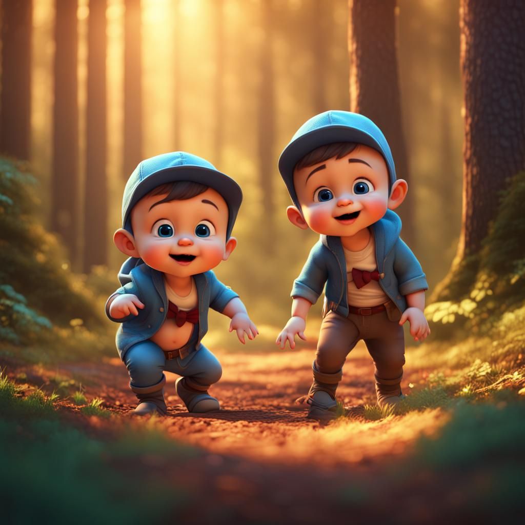 Baby Boys Playing in Forest: 3D Digital Art