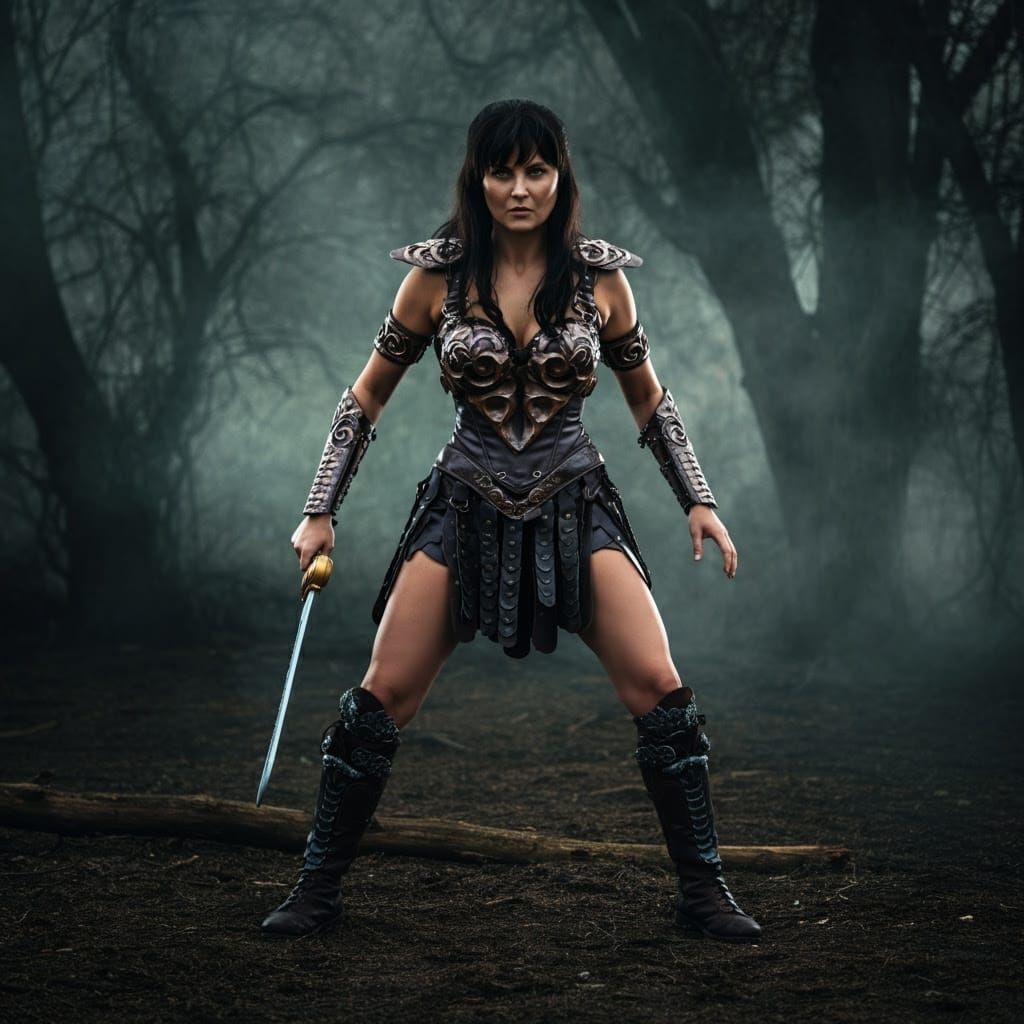 Strong Female Warrior Princess in Dark Mystic Woods