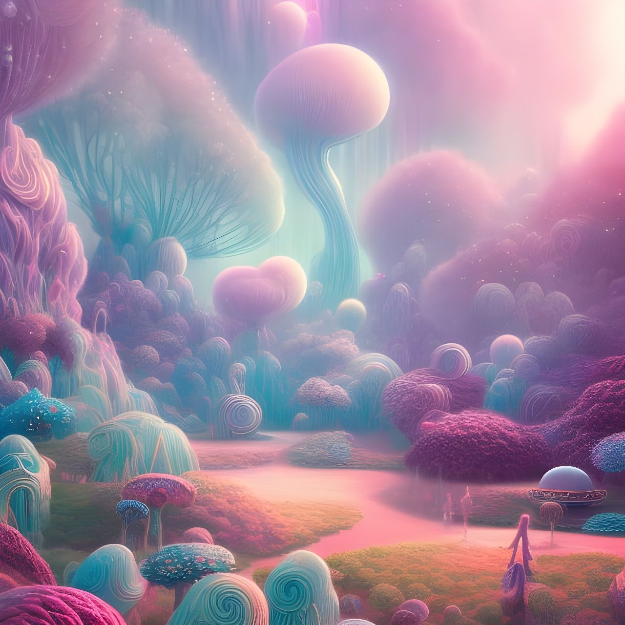 Pastel Alien Landscape with Luminous Stars