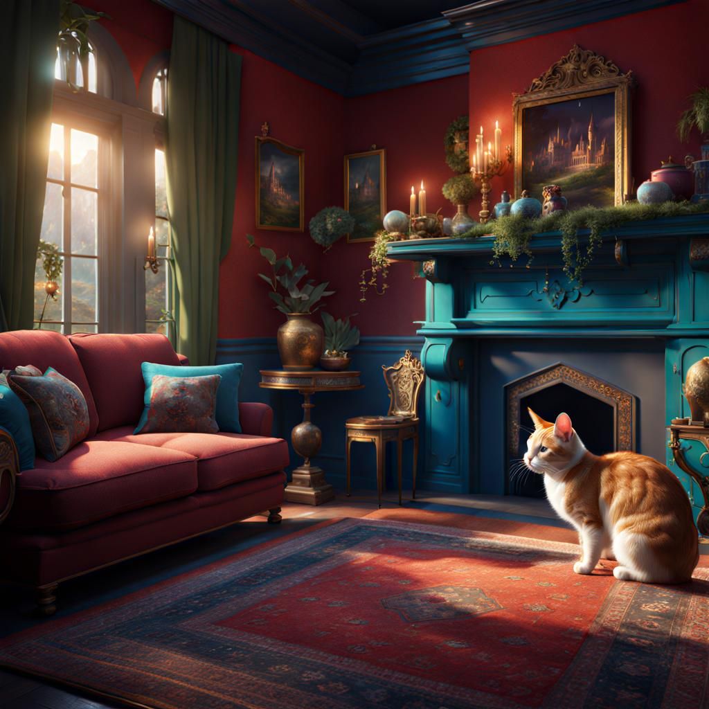 Cat-Rabbit Hybrid in a Magical Living Room
