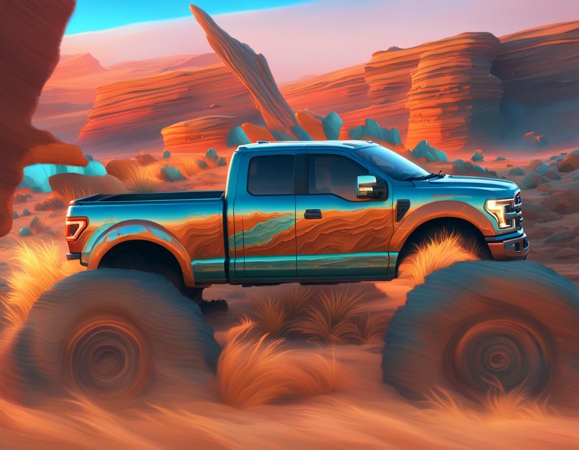 Ford Truck Races Through Desert Landscape