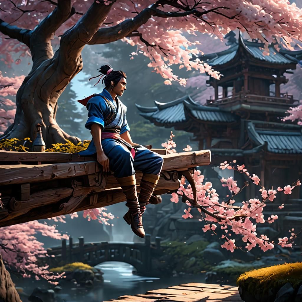 Spirit Blossom Warrior on Branch in Digital Art Style