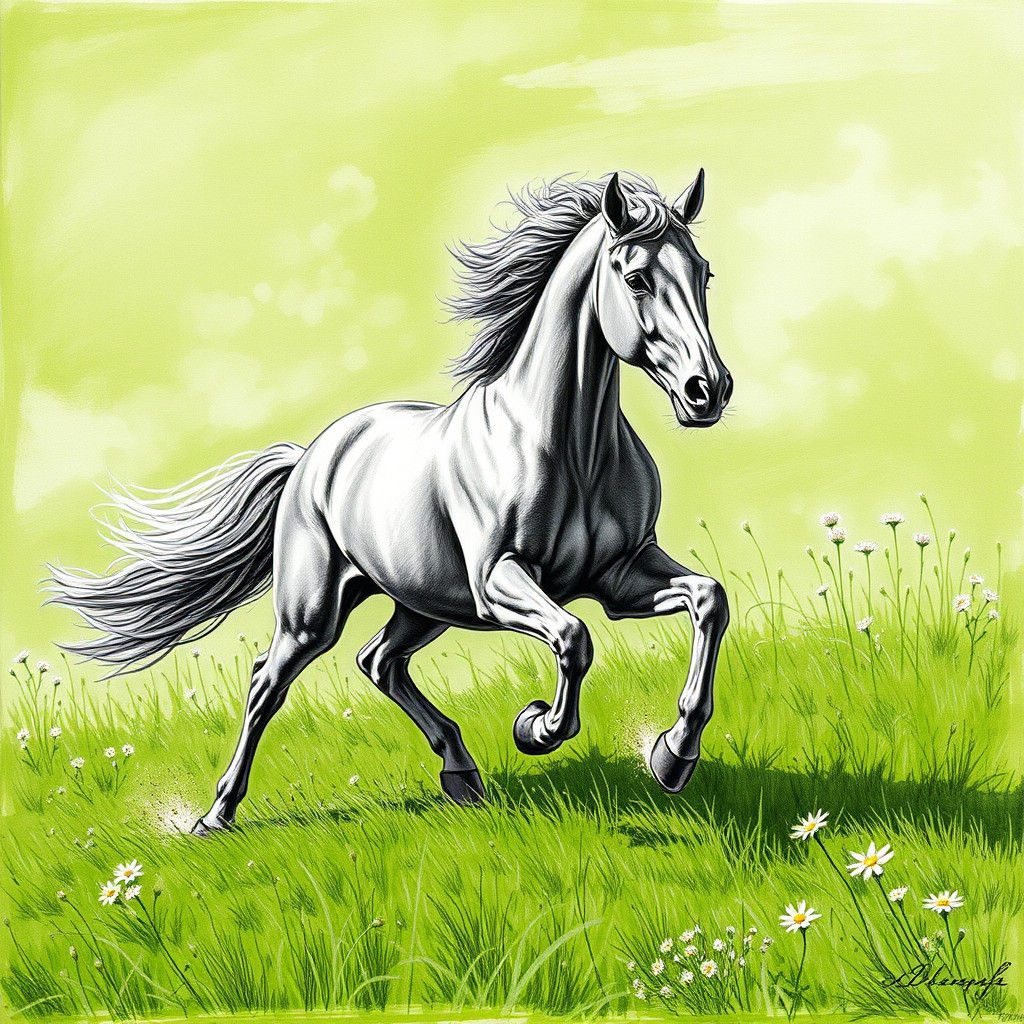 Majestic Horse Galloping Across Sun-Drenched Meadow