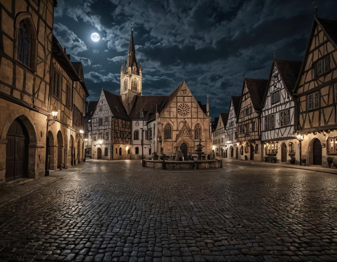 Mystical Medieval Town Square at Night