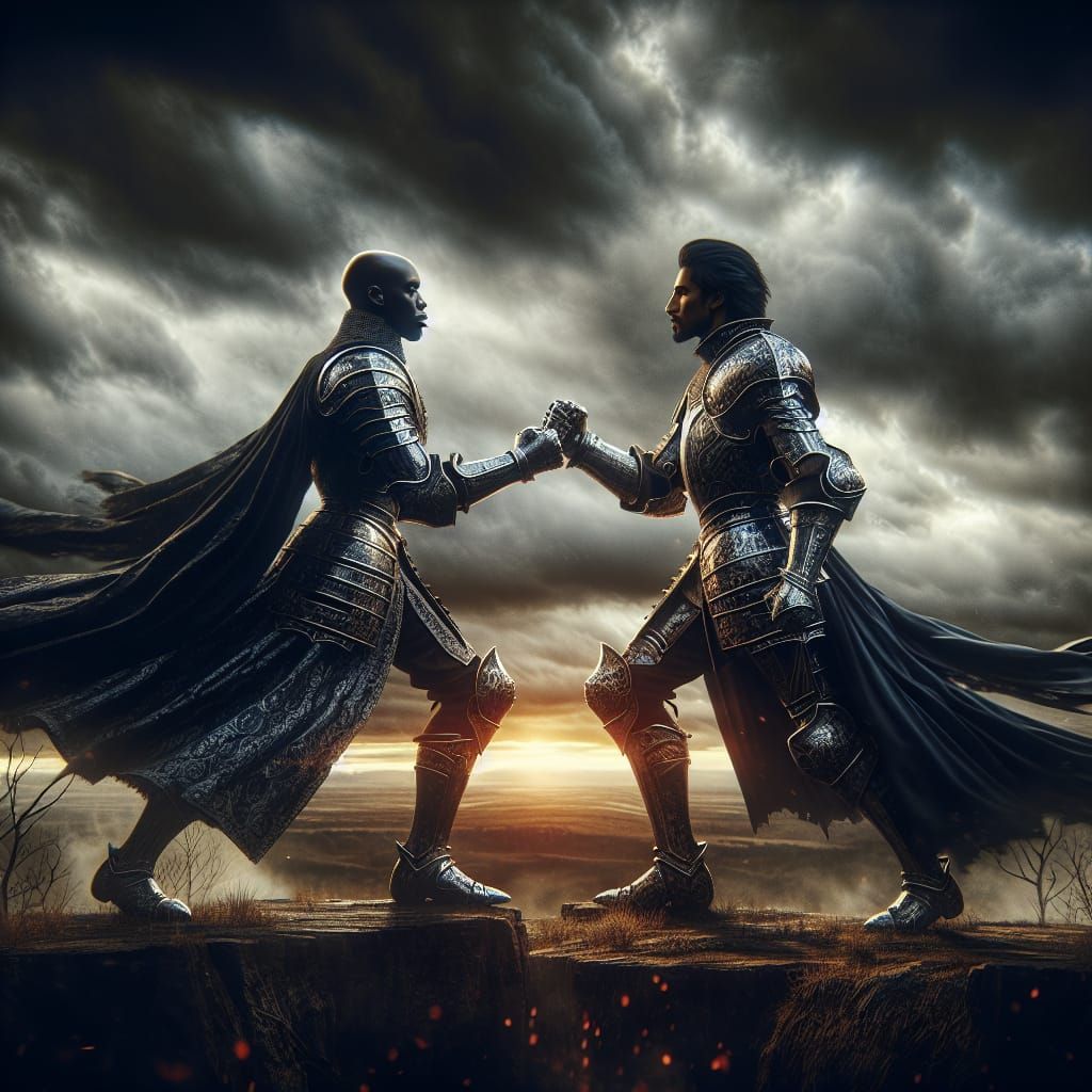 Epic Duel Between Knights in Dramatic, Gloomy Environment
