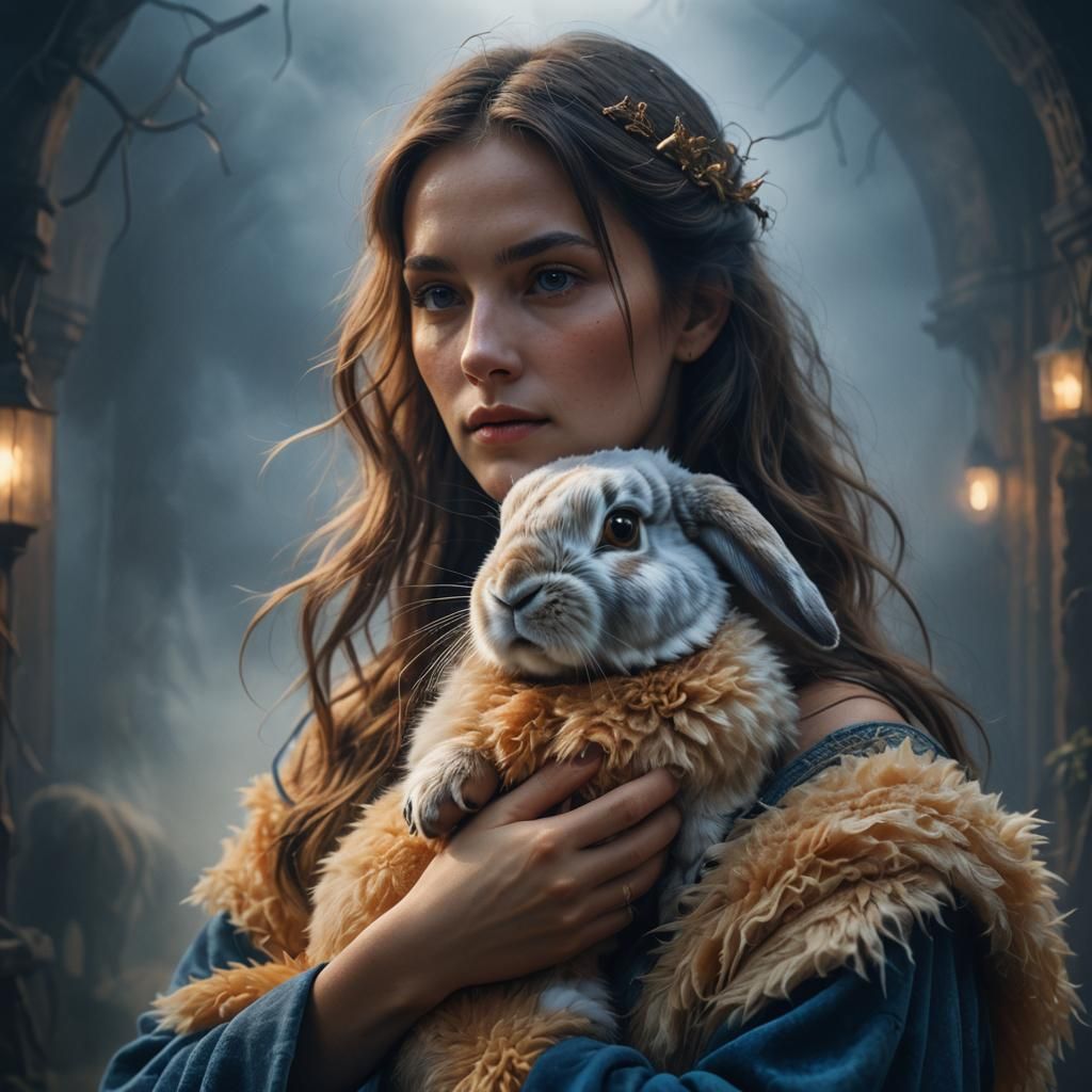 Woman with Rabbit: Hyperrealistic Portrait in Dreamlike Mist