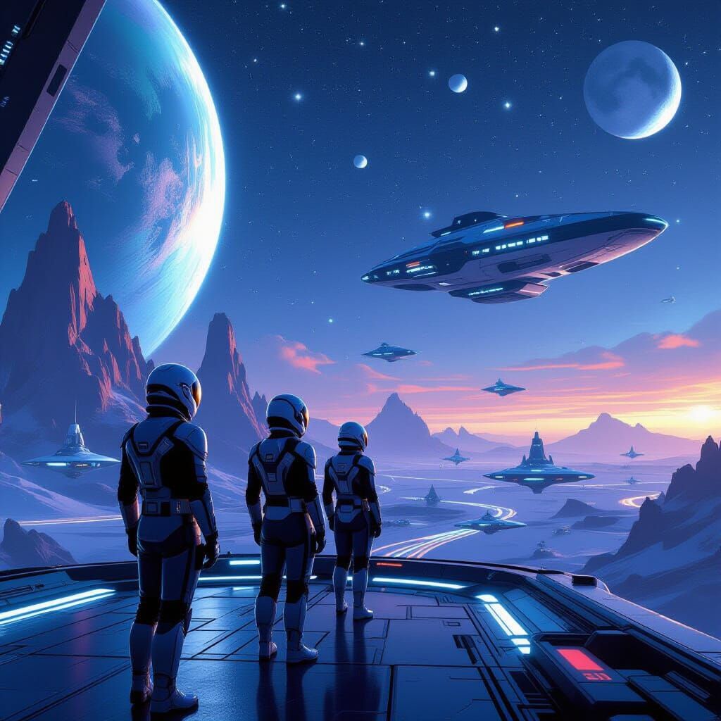 Starship Crews Explore Neon Celestial Worlds