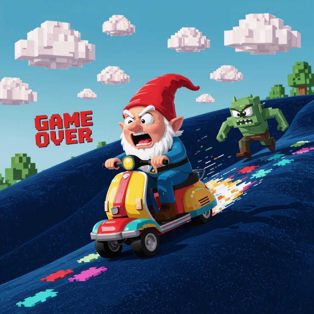 Gnome's Pixelated Scooter Escape: A Retro Game Over