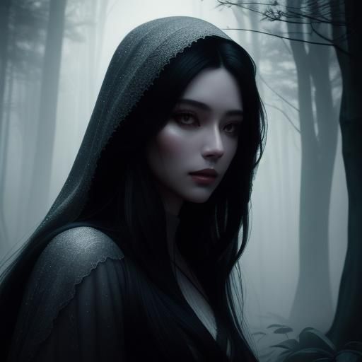 Ethereal Woman Sawing Shadow Hood in Moonlight