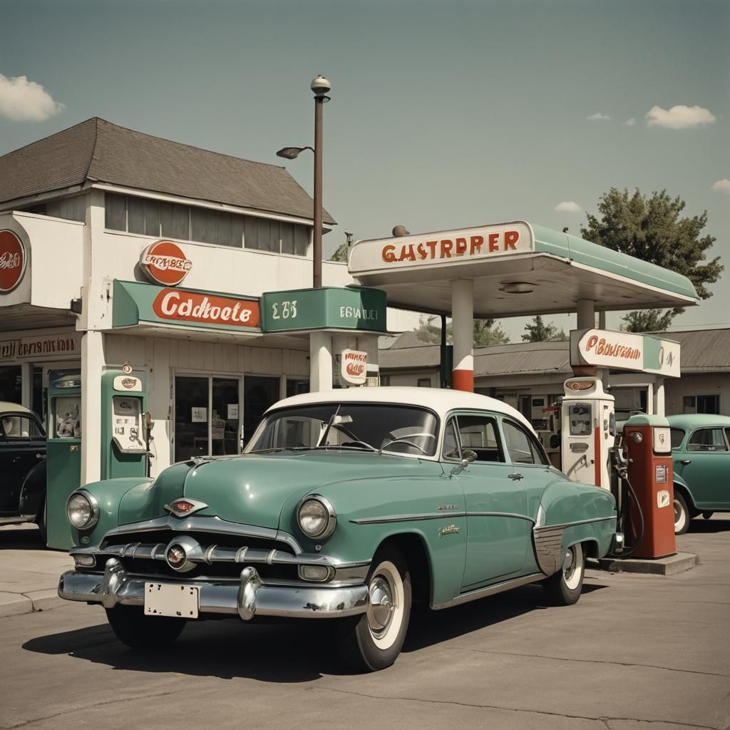 1950s Car at Vintage Gas Station