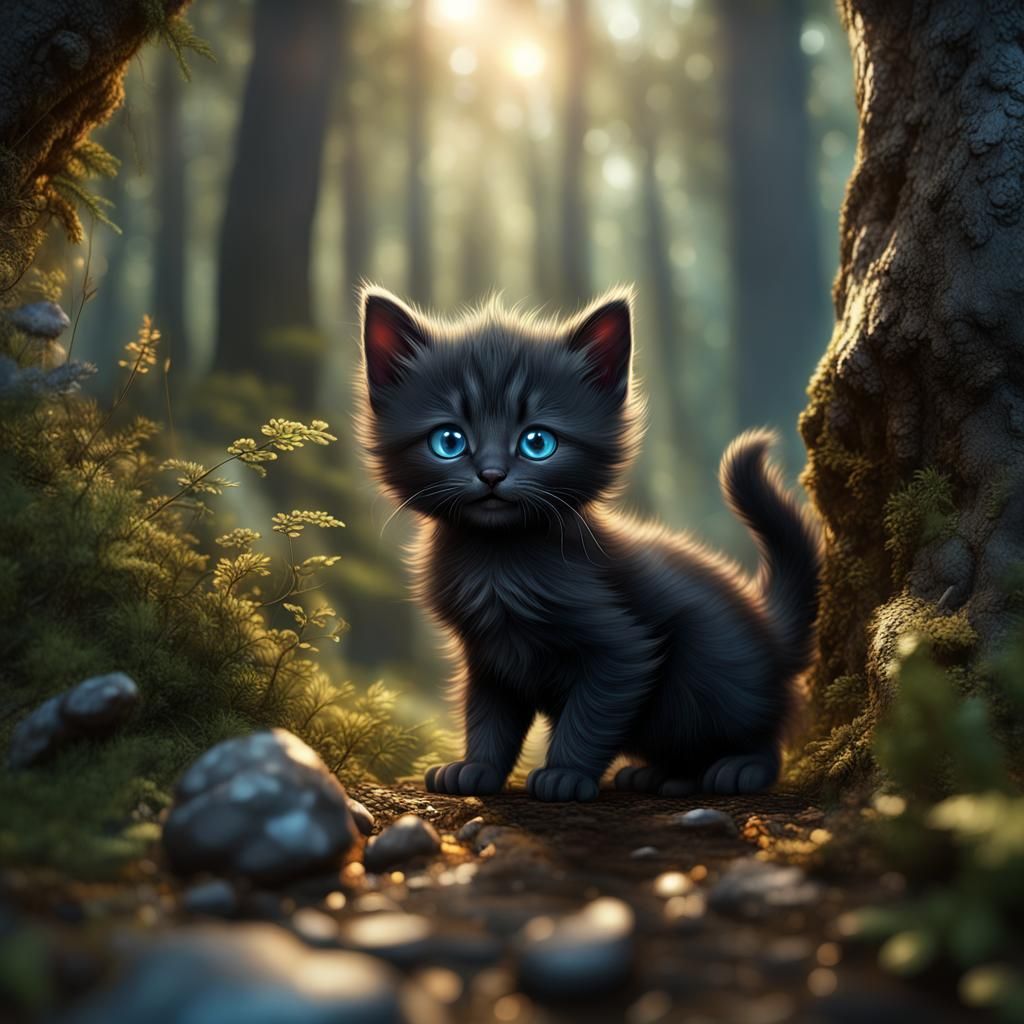 Adventurous Kittens Playing in Forest in Hyperrealistic Styl...