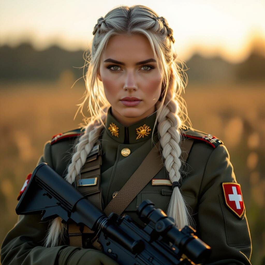 Swiss Soldier Woman With Platinum Braid in Vintage Style