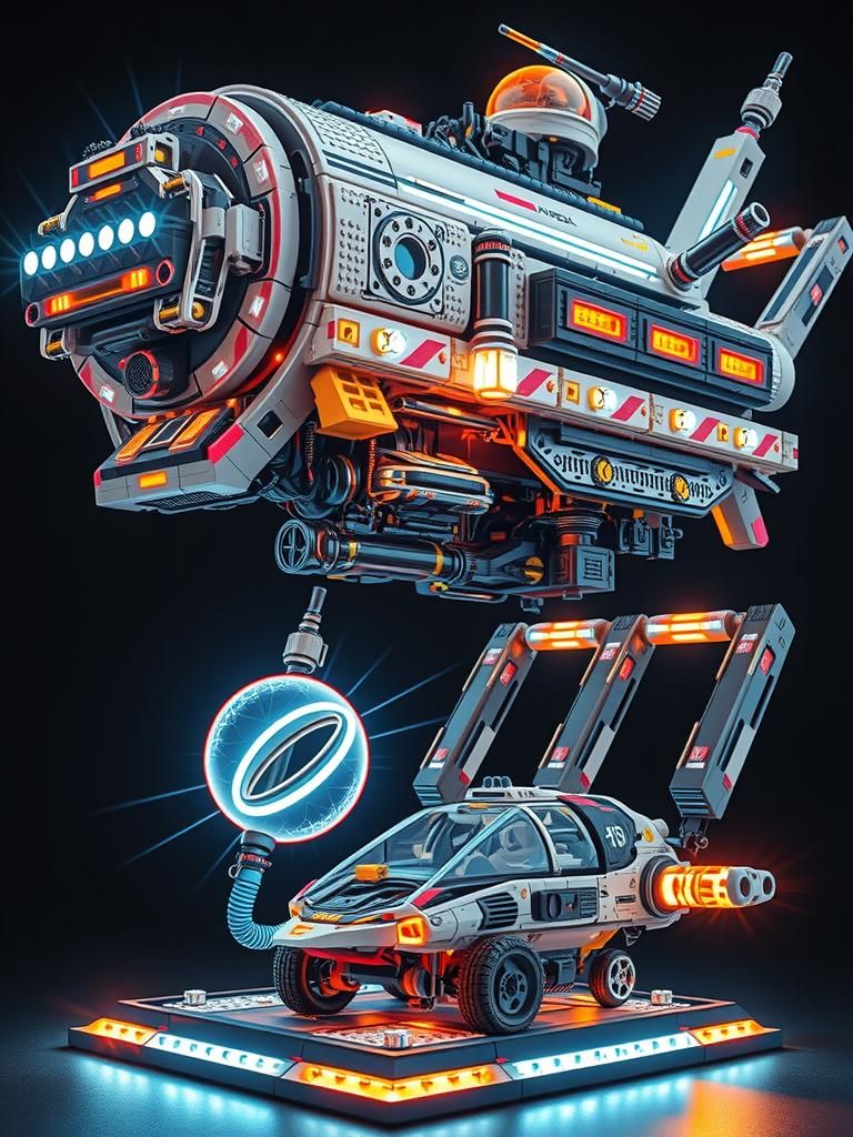 Cyberpunk Spacecraft Rising from Android Space Station in Hy...