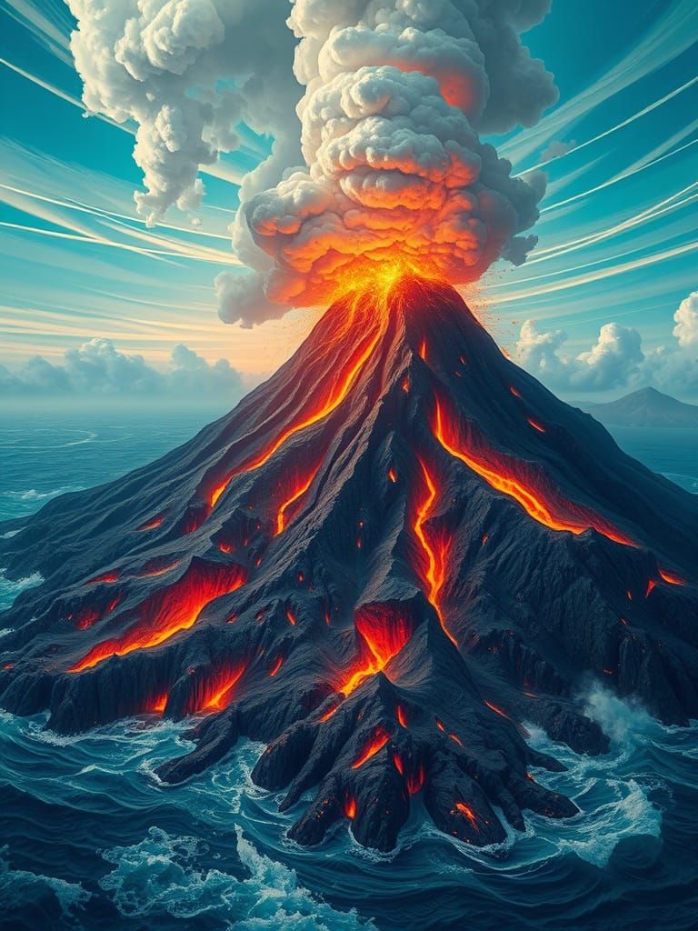 Fantastical Volcano Erupts Amidst Turbulent Sea in High-Fant...