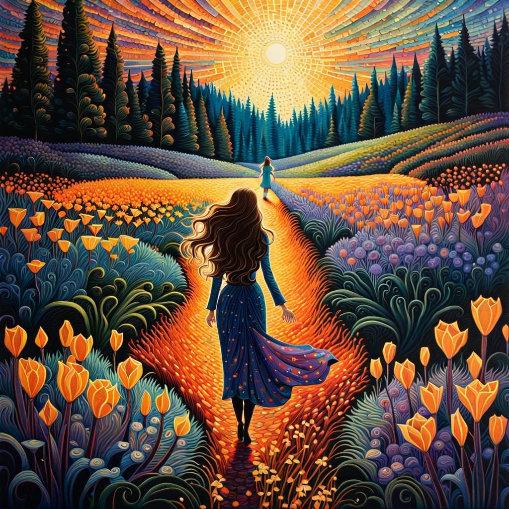 Botanist in Bioluminescent Crocus Field, Geometric Futurism