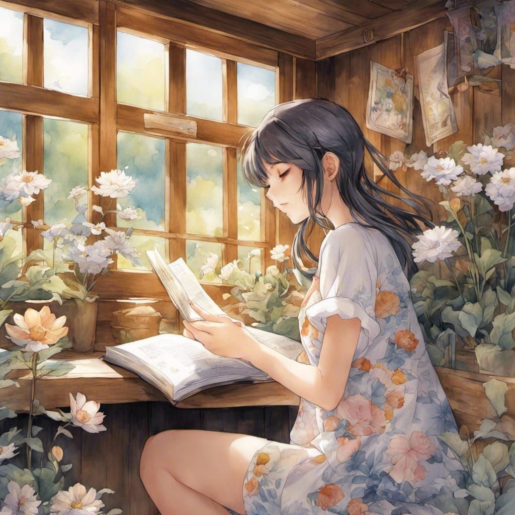 Pencil and Watercolour Manga Girl with Closed Eyes