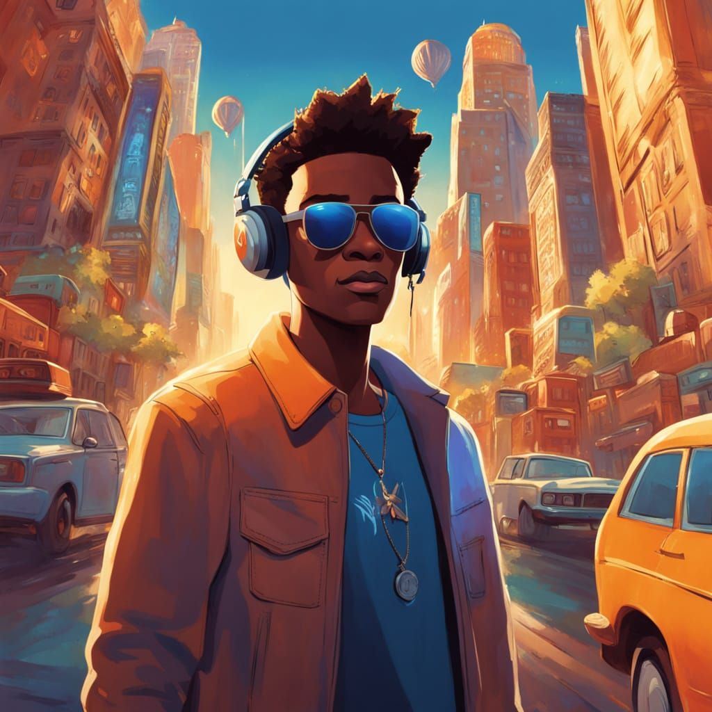 Confident DJ Stands Tall in Vibrant Cityscape