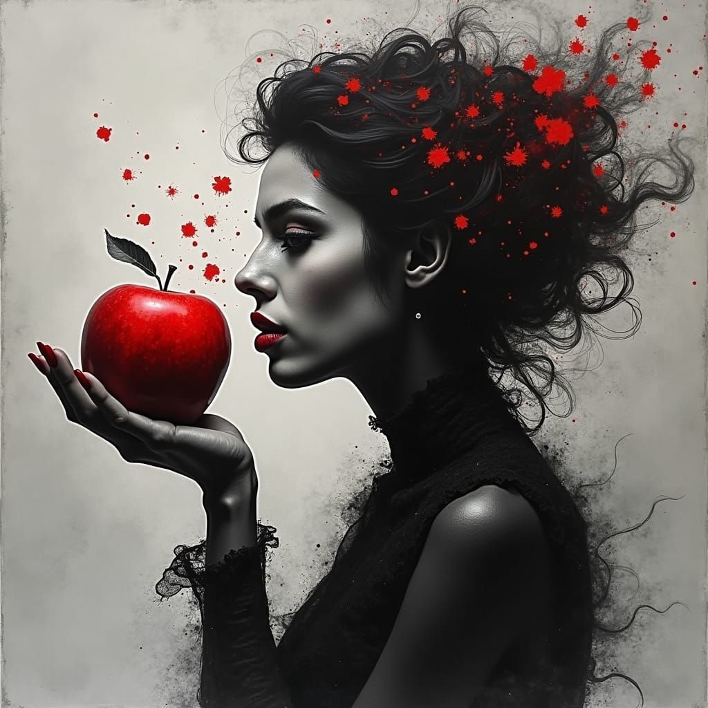 Ink Splatter Woman with Red Apple on Gray Paper