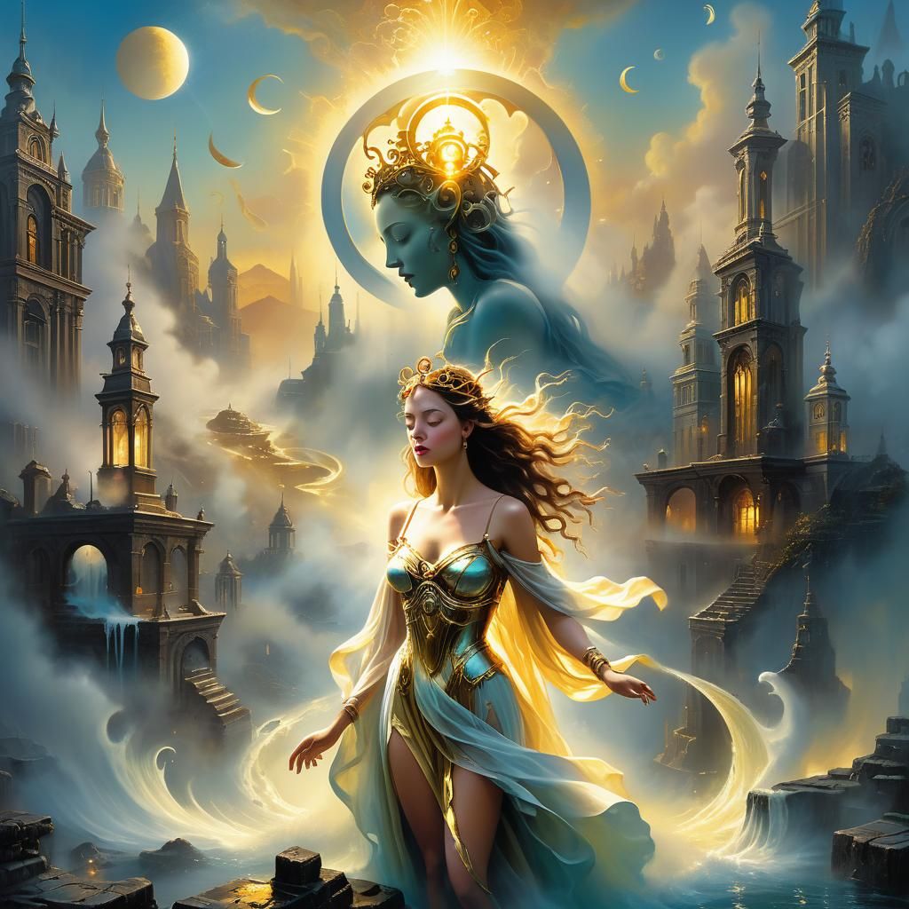 Goddess Emerging from Clockwork: Surreal Oil Painting