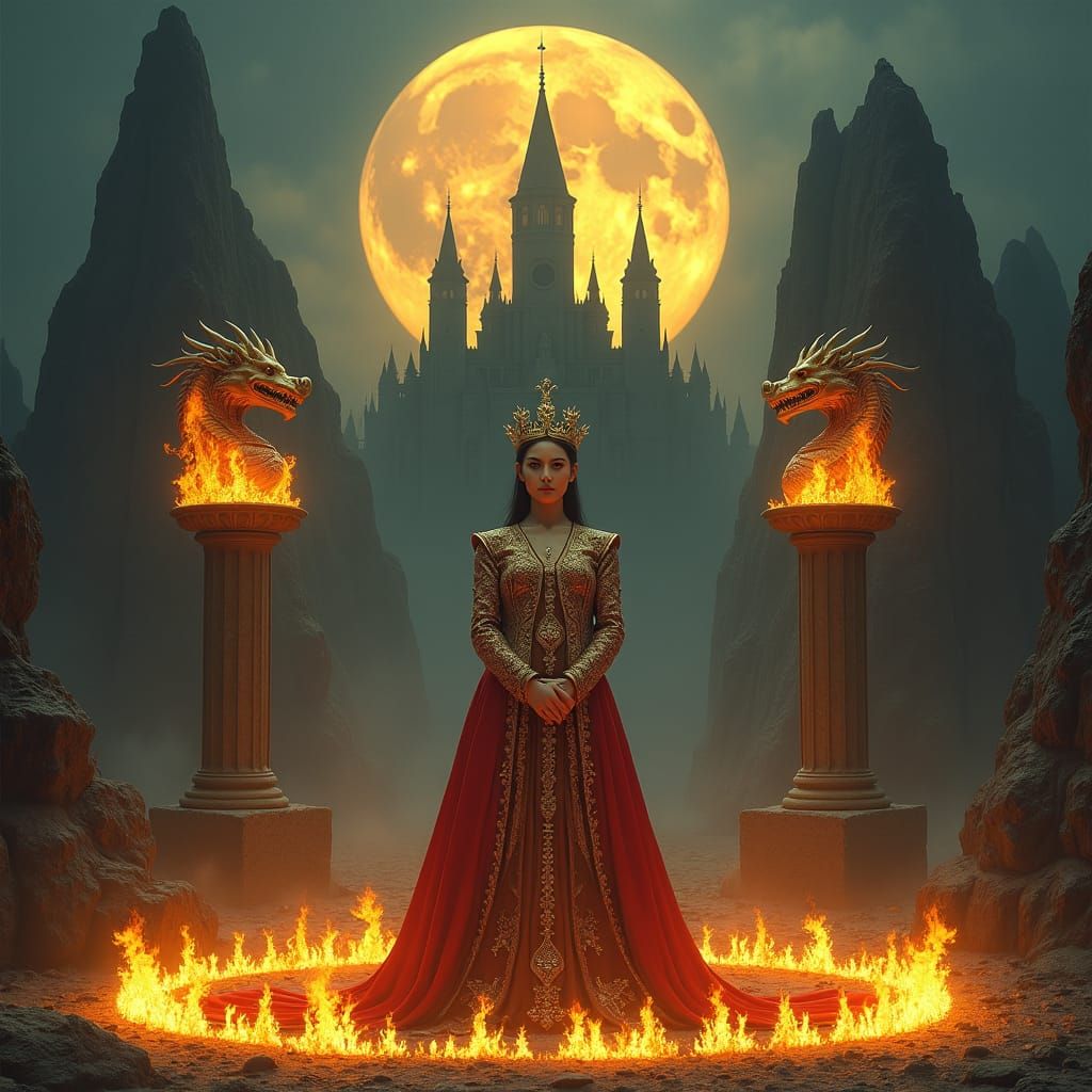 A regal female figure standing in the center of a burning ci...