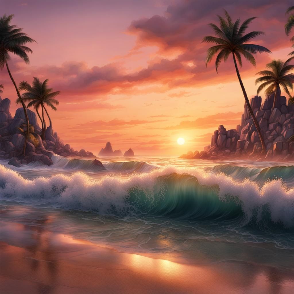 Watercolor Beach Sunset in Detailed Matte Painting
