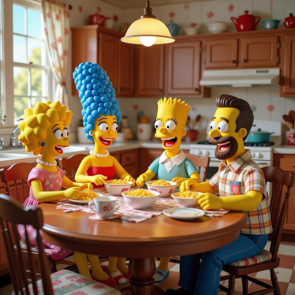 Simpsons Dolls Breakfast: Photorealistic Pop Art Scene