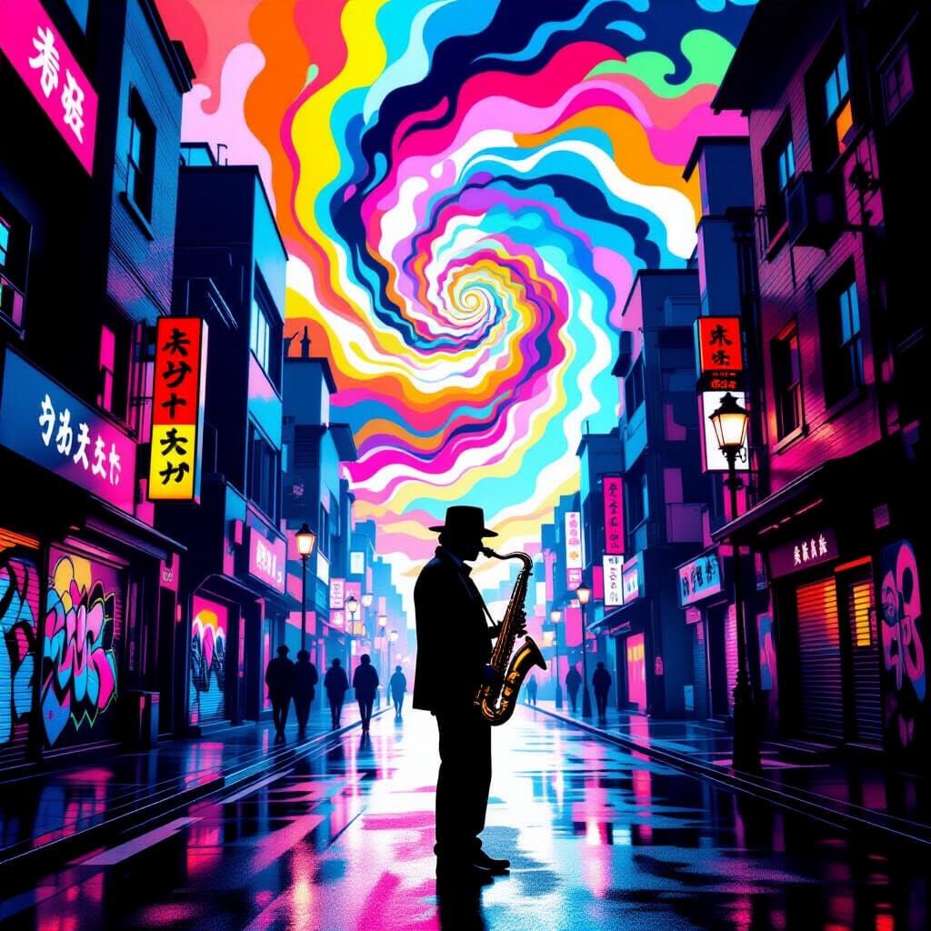 Saxophonist in Surreal Polychromatic Cityscape