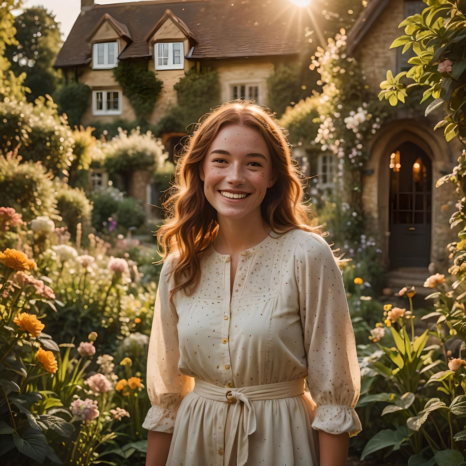 Smiling Freckled Woman in English Cottage Garden