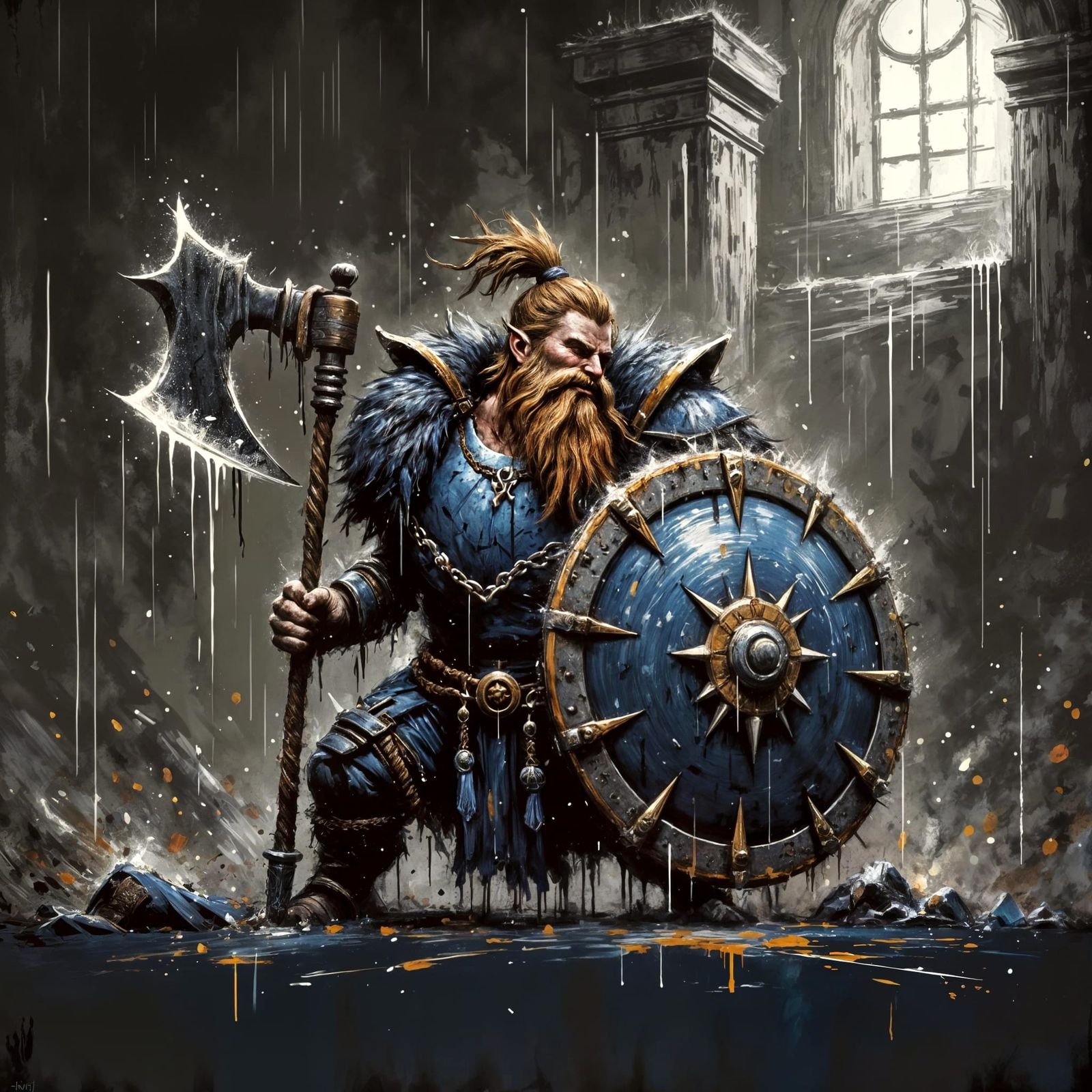 Dwarf Warrior Battling Giant in Gritty Fantasy Art