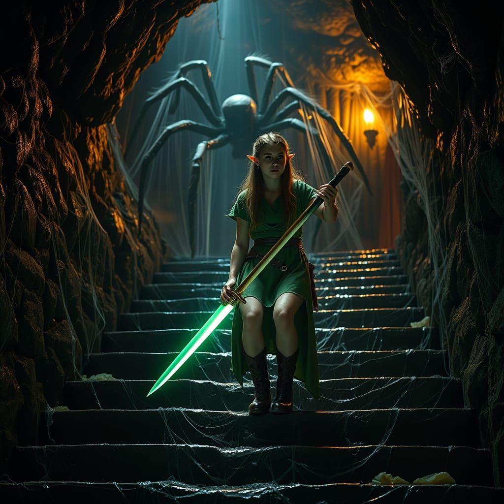 Elf Warrior Descends Dark Cavern with Glowing Sword