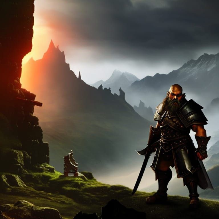 Armored Dwarf in Dark Fantasy Landscape