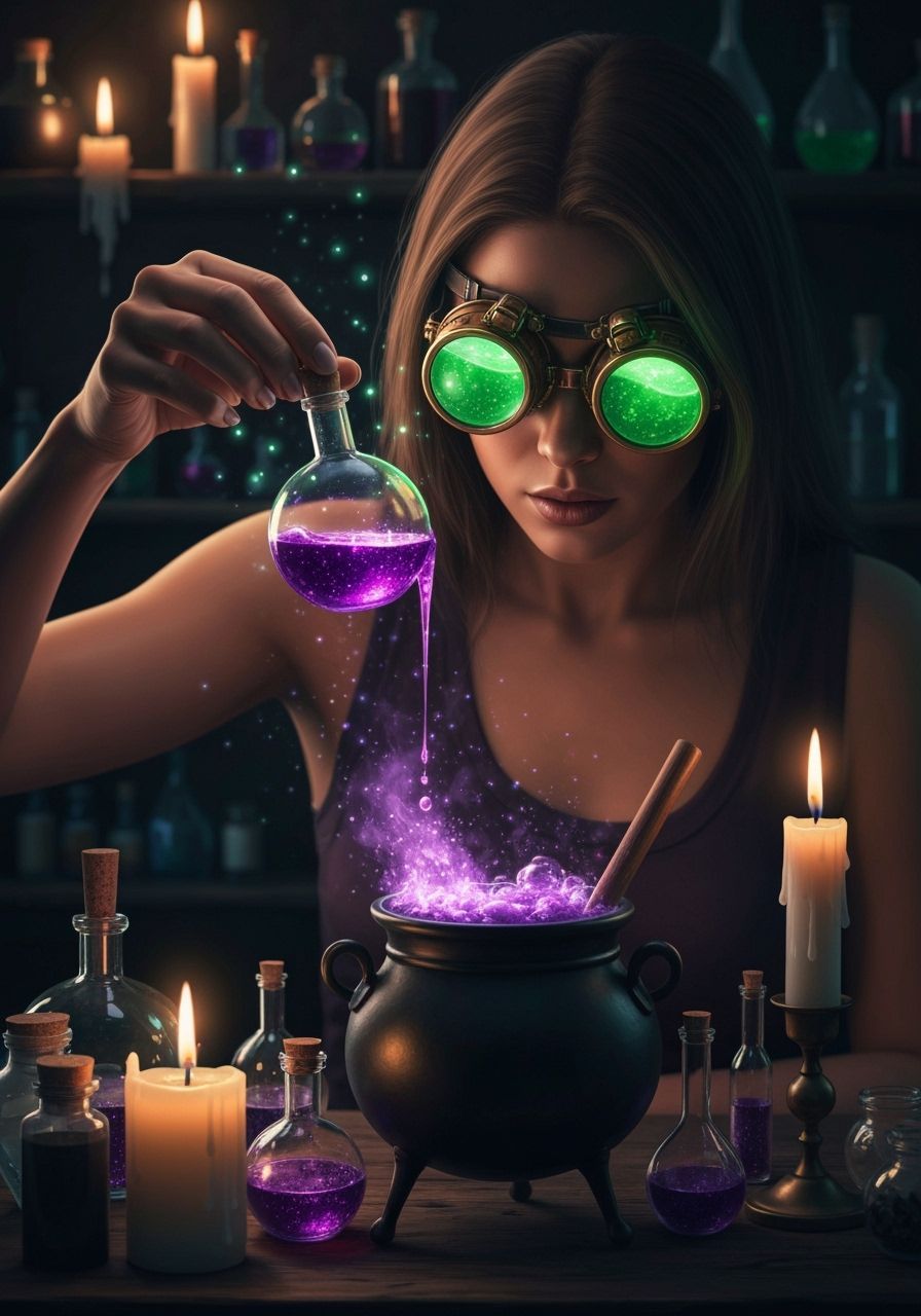 Steampunk Potion Tester in Apothecary Lab with Magical Spark...