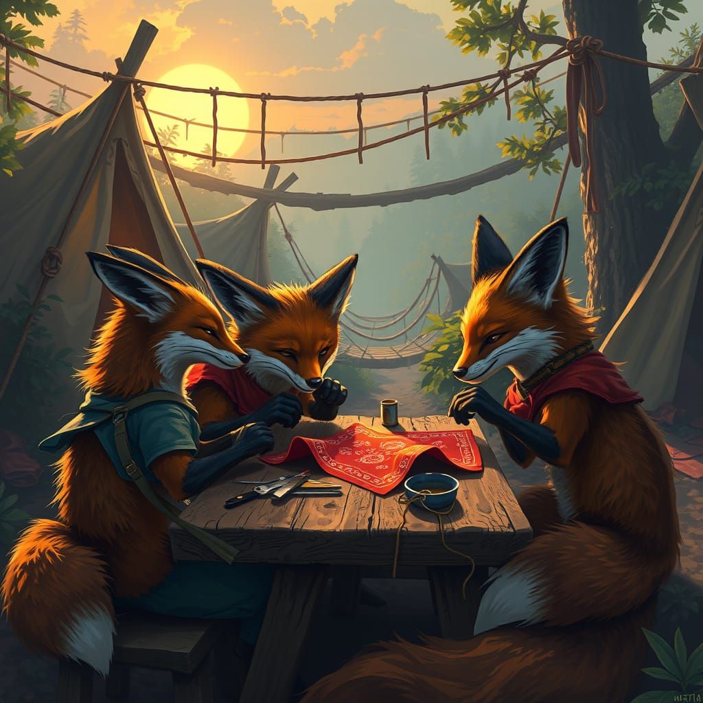 Anthropomorphic Foxes Sew Survival Bandanas in Whimsical Cha...