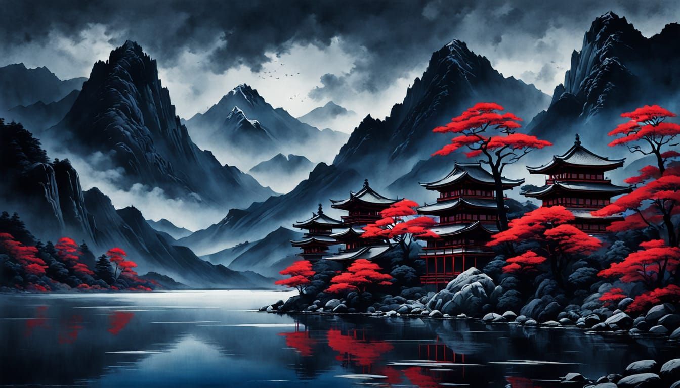 Mysterious Lake Landscape in Ukiyo-e Style