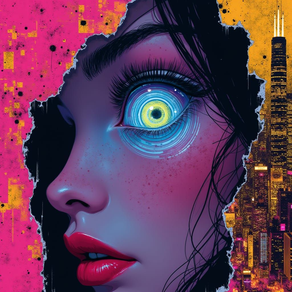 Cyberpunk Woman's Face Through Glitch Screen