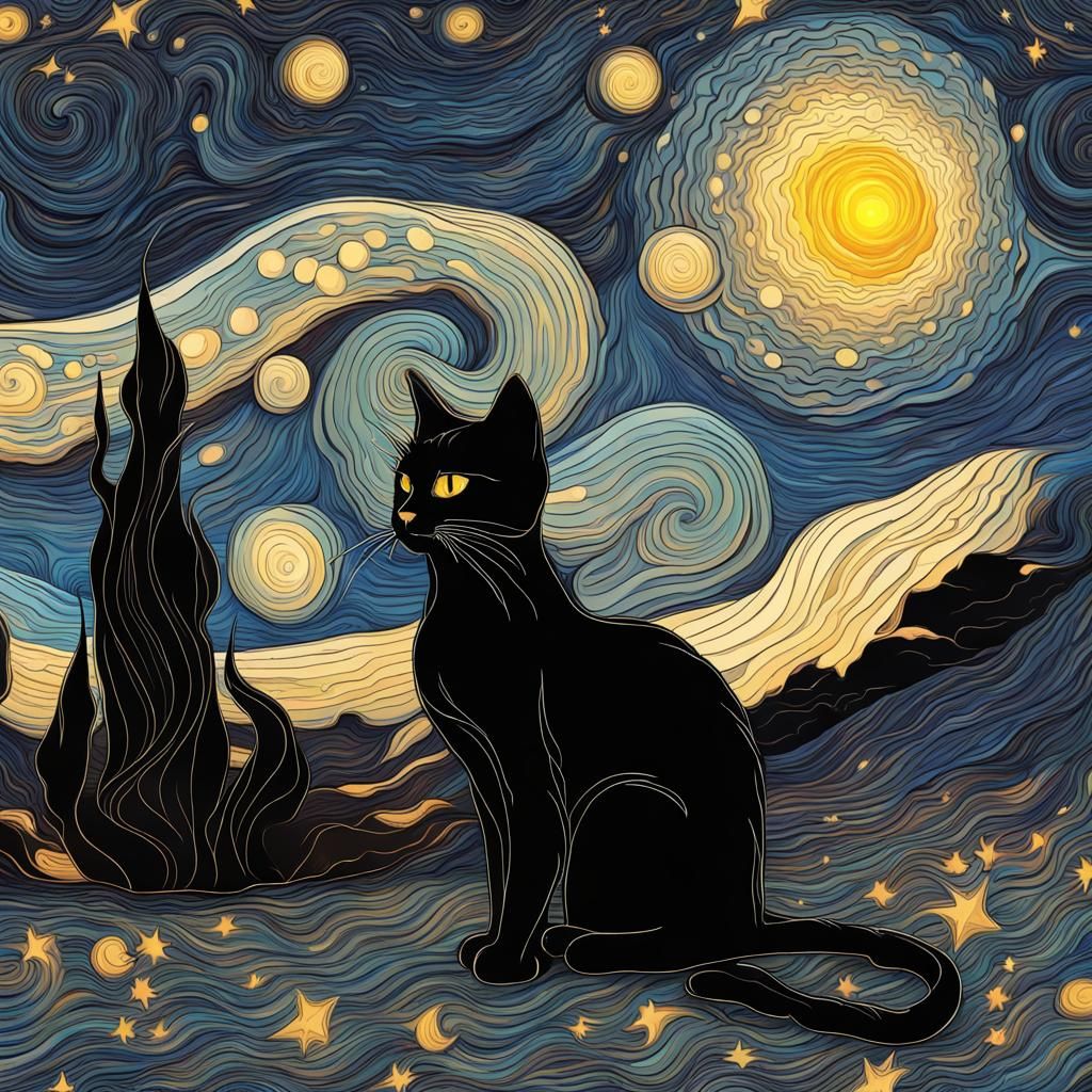 Black Cat Under Starry Sky as Impasto Painting