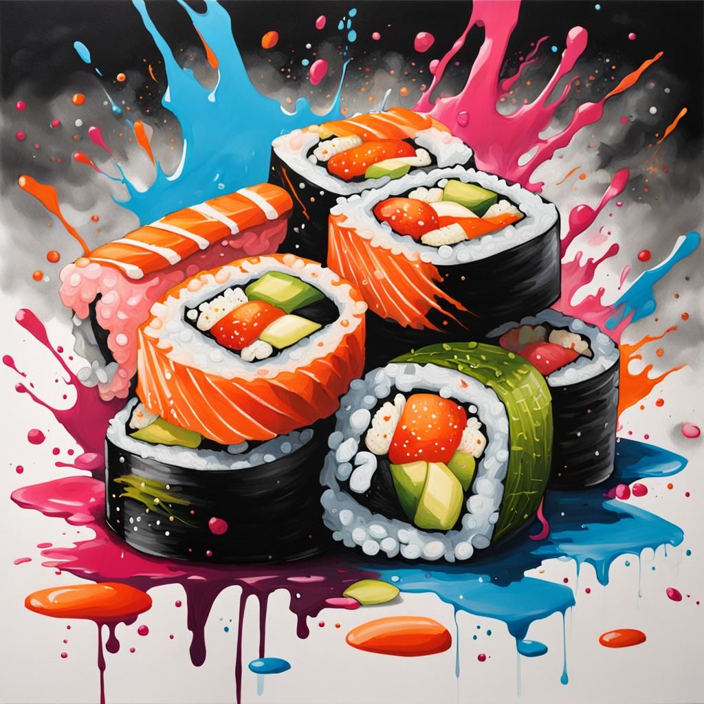 Vibrant Sushi Graffiti Art in Splash Style
