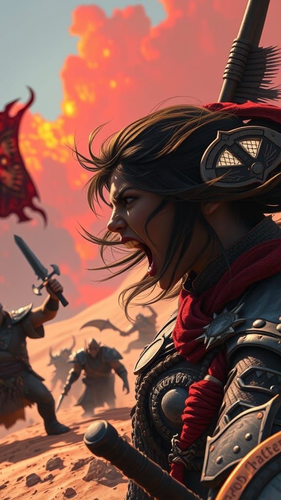 Dark Fantasy Barbarian in Desert Battle