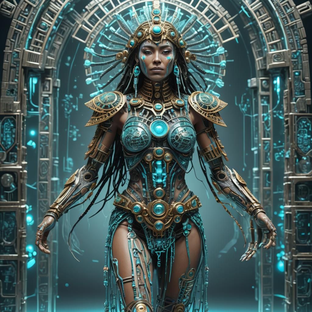 Aztec priestess cyborg bionic body design schematic, the head is a cybernetic head prosthetic,