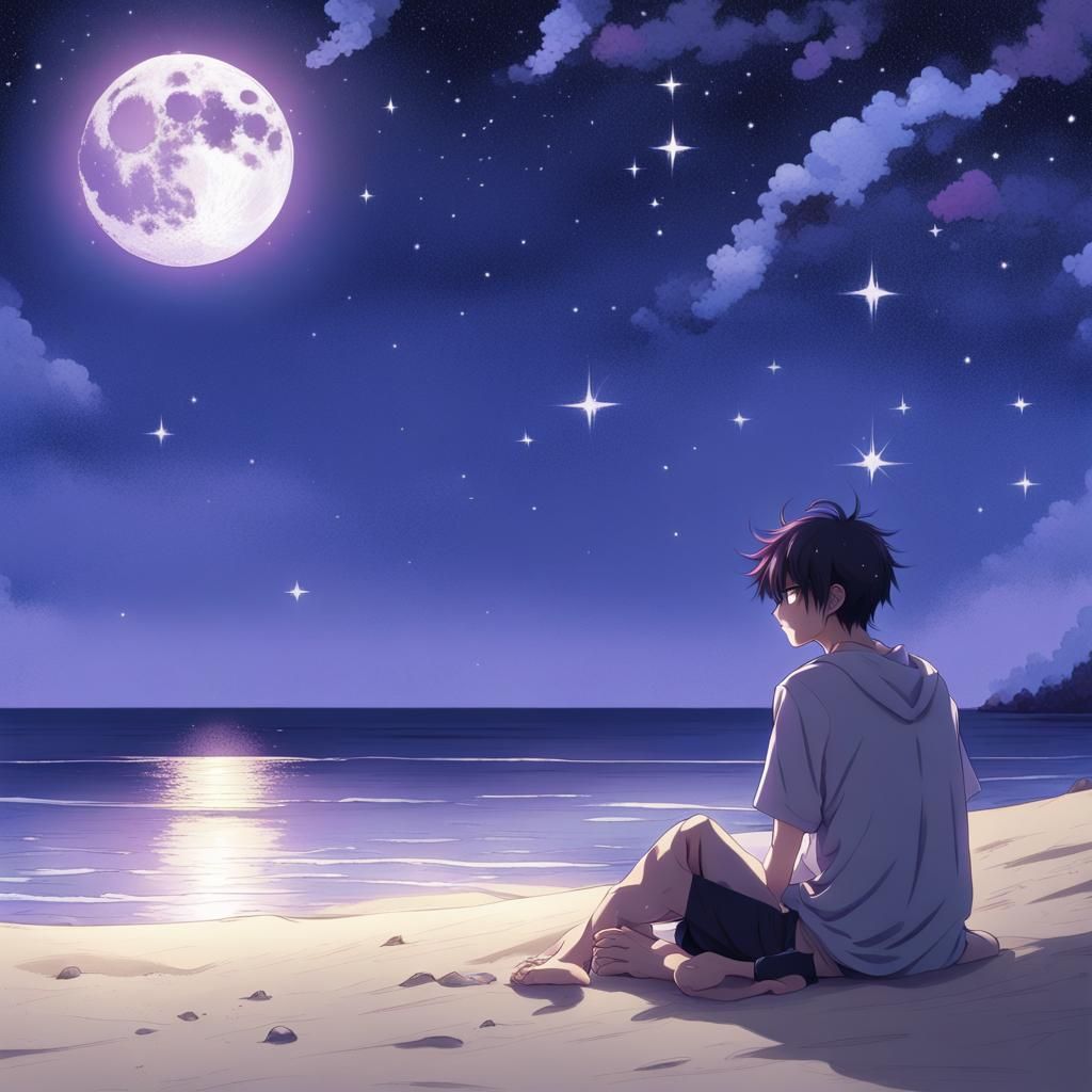 Anime Beach Scene with Moonlight and Stars