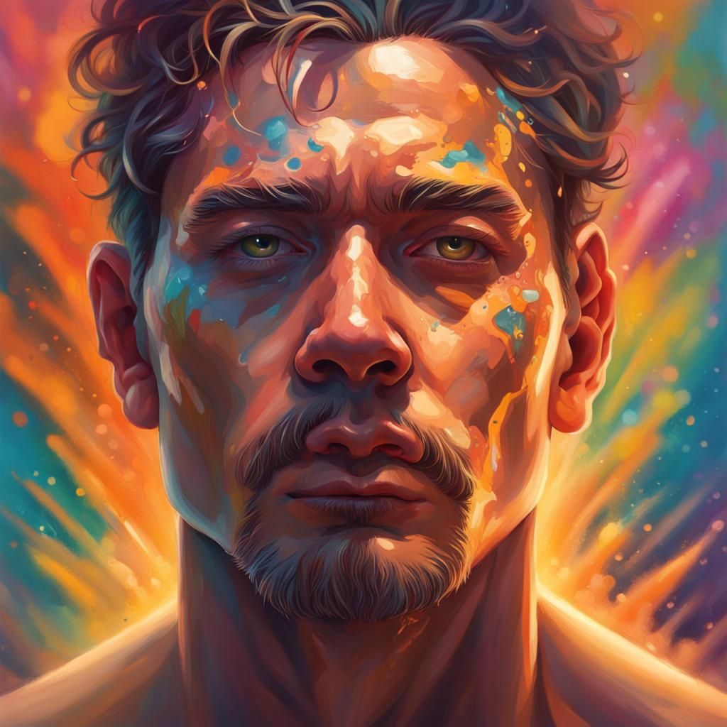 Hyperrealistic Man Achieving Enlightenment with Splash Art