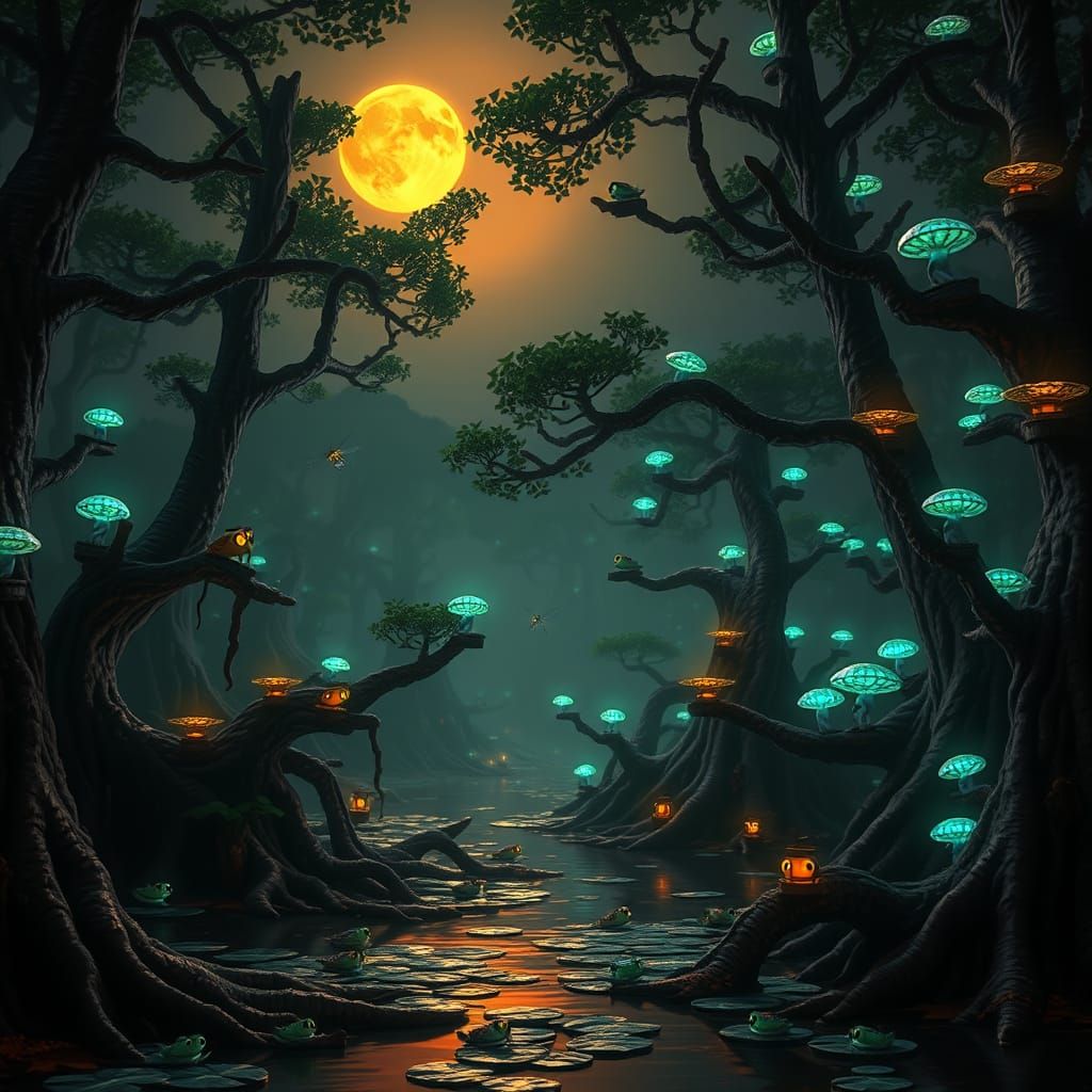 Mystical Mangrove Swamp at Dusk in Minecraft Style