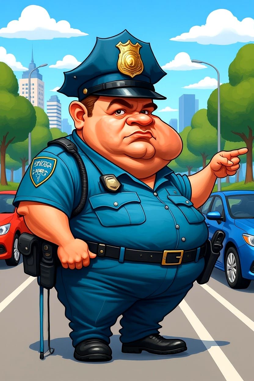 Exaggerated Cartoon Policeman Directing Traffic