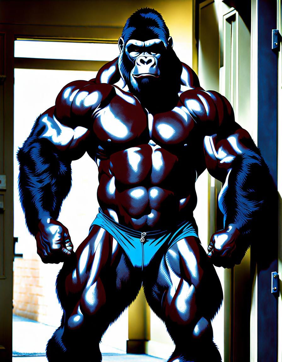 Silverback Gorilla Bodybuilder Flexing in Doorway