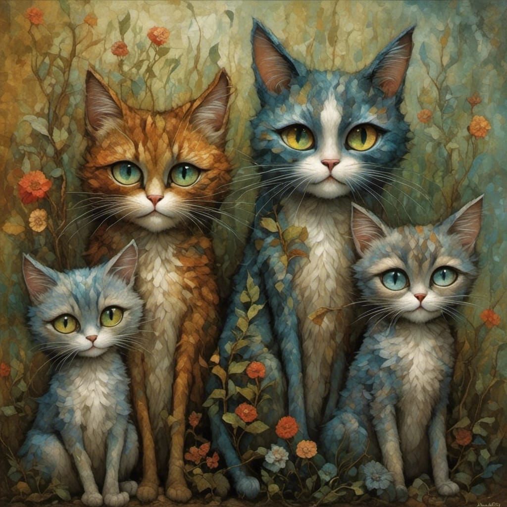 Cats in Art Brut Style of Paul Klee