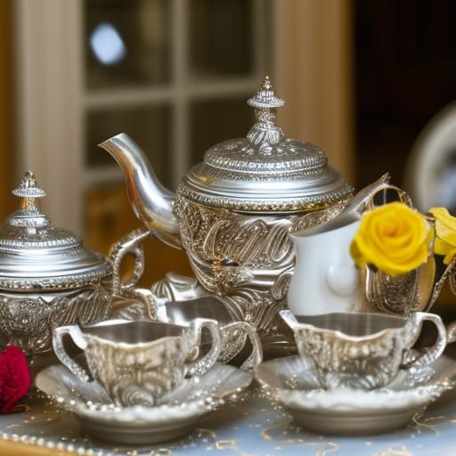 Hyperrealistic Silver Tea Set Still Life